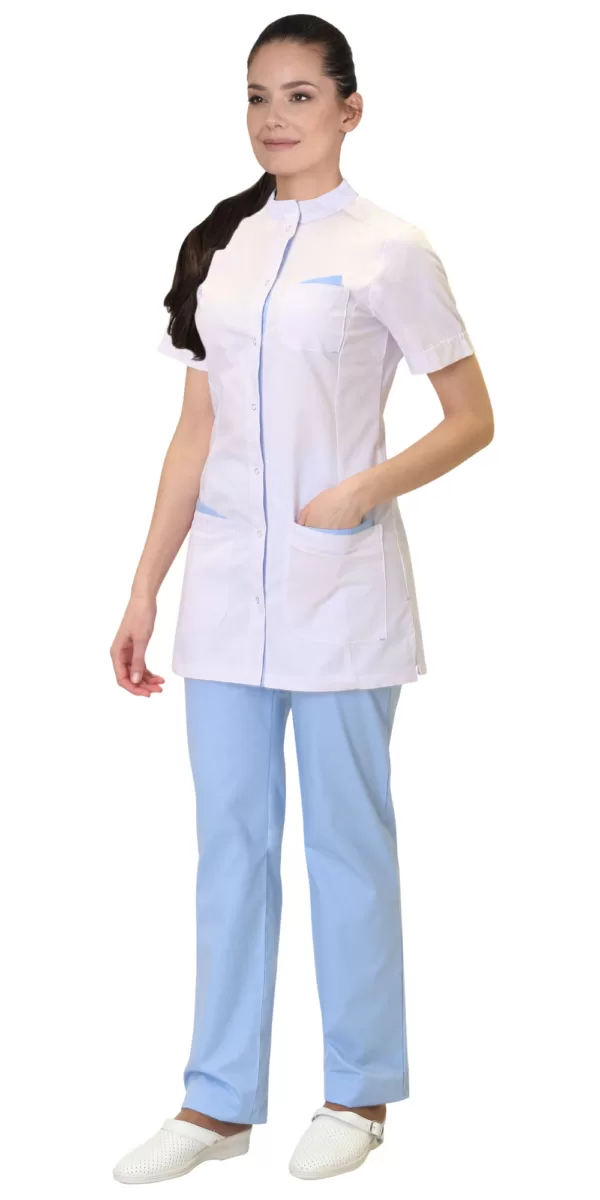 Костюм медицинский женский: блуза, брюки белый с голубым 03619