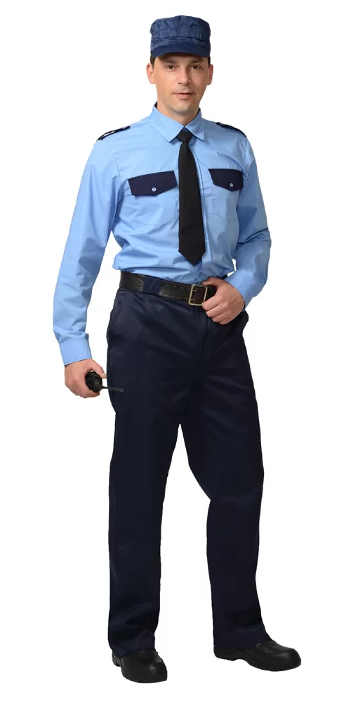 Рубашка охранника дл. рукав (тк. Вега) голубая с т.синим 03800