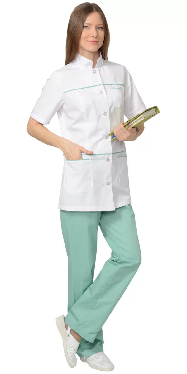 Костюм медицинский женский: блуза, брюки, (белый с мятным) 04050