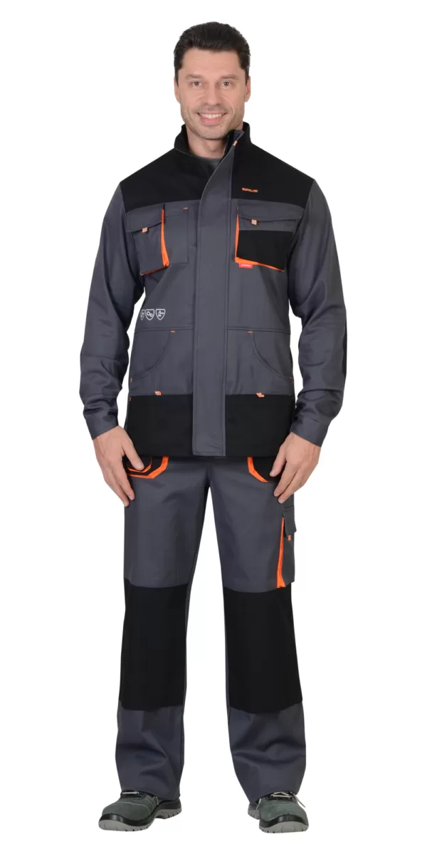 Костюм куртка длинная с полукомбинезоном т.серый с оранж. и черным тк. стрейч пл. 250 г/кв.м 108052