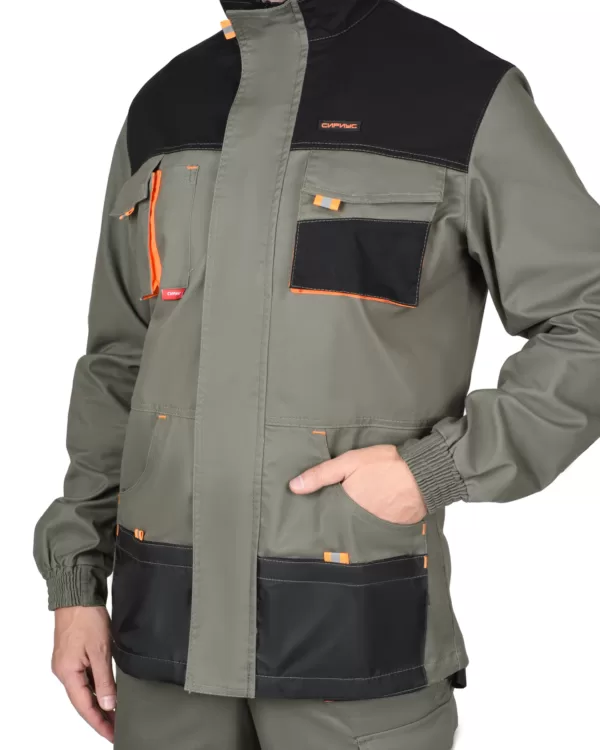 Костюм куртка длинная с полукомбинезоном оливковый с оранжевым и черным механический стрейч 260 г/кв.м 115874