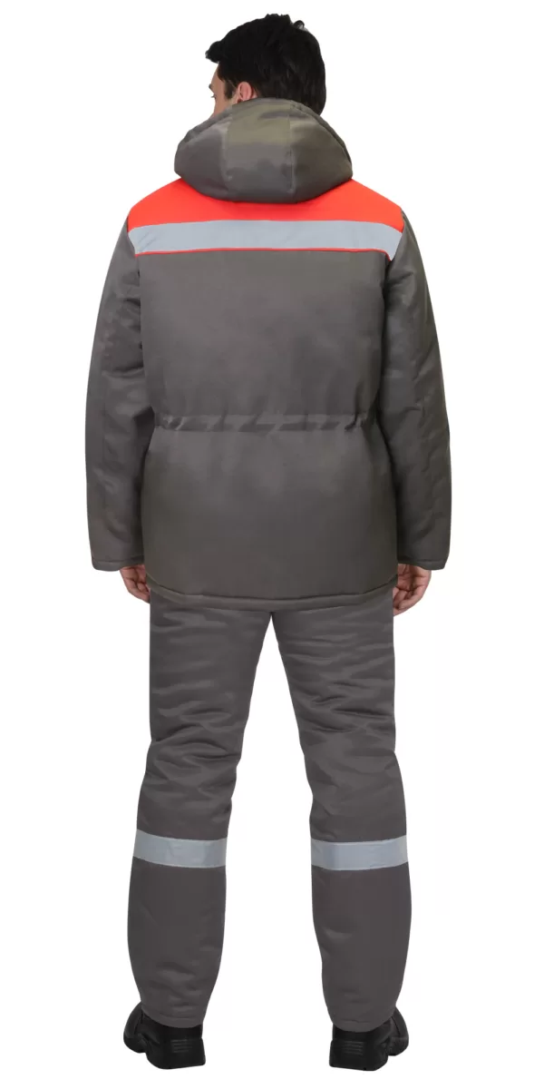 Костюм 143870 куртка с меховым воротом, брюки, серый с красным и СОП