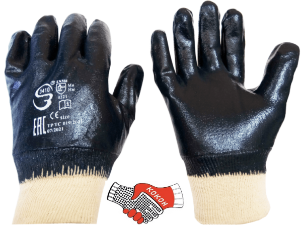 Перчатки рабочие обливные нитриловые “Спецзащита” (манжета, полное покрытие) 3410 (8, 9, 10, 11 размер)