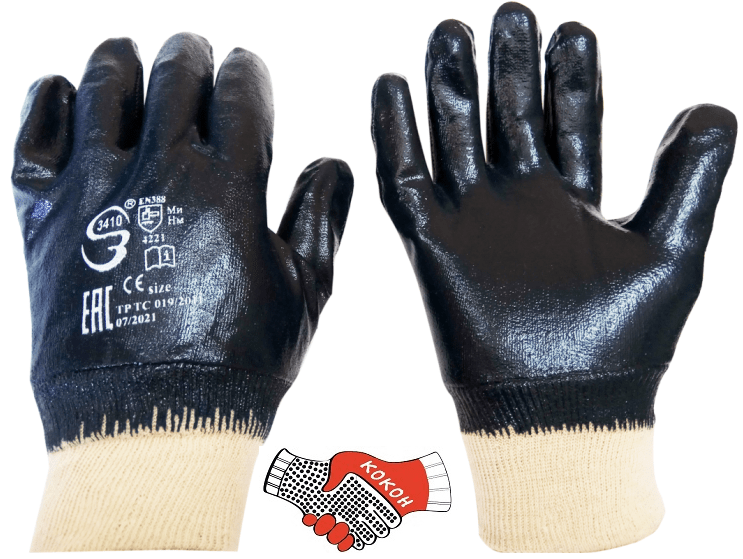 Перчатки рабочие обливные нитриловые "Спецзащита" (манжета, полное покрытие) 3410 (8, 9, 10, 11 размер)