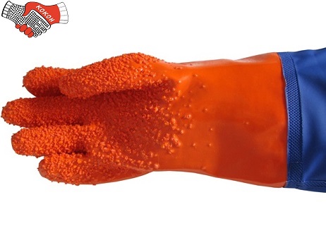 Перчатки ПВХ рыбацкие оранжевые с нарукавниками ПУ без манжета резинки 98797-1